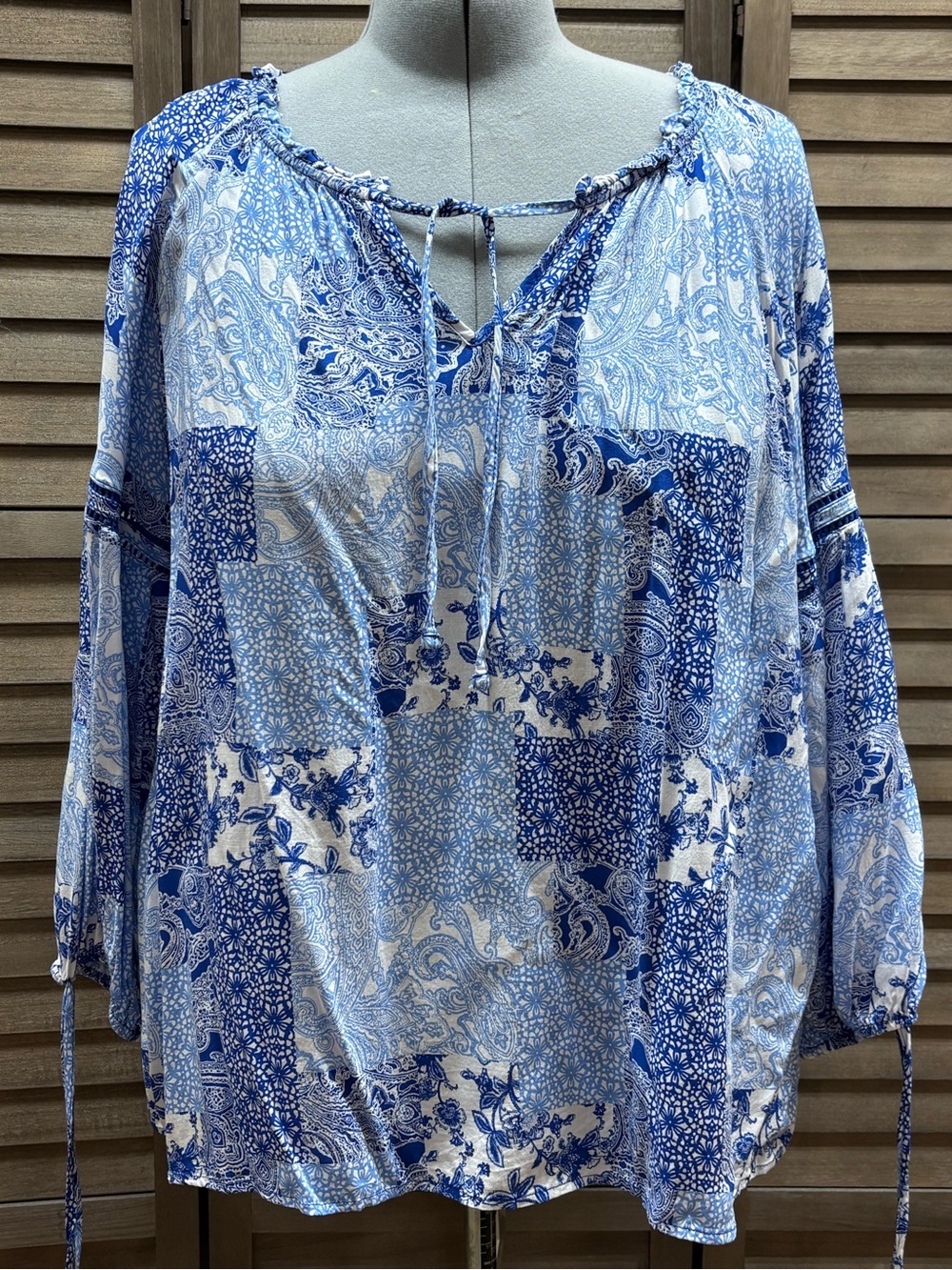 Blue Paisley Patchwork Tie-Neck Peasant Tunic